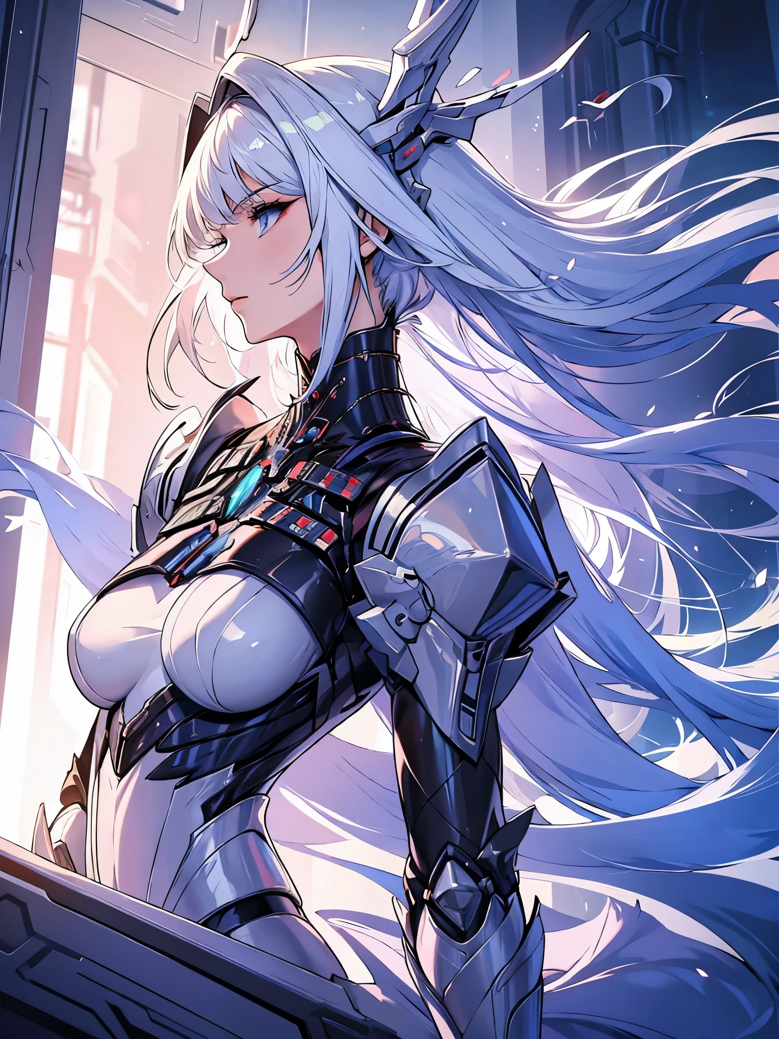 Beautiful tall woman with robotic armor and super realistic white hair, cabelos longos e bem detalhado
