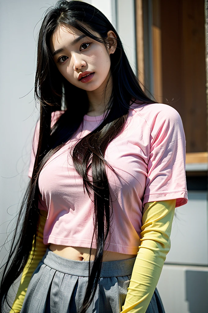 1girl,black long hair,thick body,pink shirt,