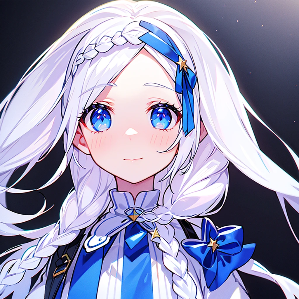 Best Quality, masutepiece,White hair, blue eyes,White clothes, Looking Up, Upper body,Strands of hair,Fair skin,side braids、Eye close-up、Ultra-detailed face and eyes、The bangs are held to the side with star-shaped hairpins, exposing the forehead.、