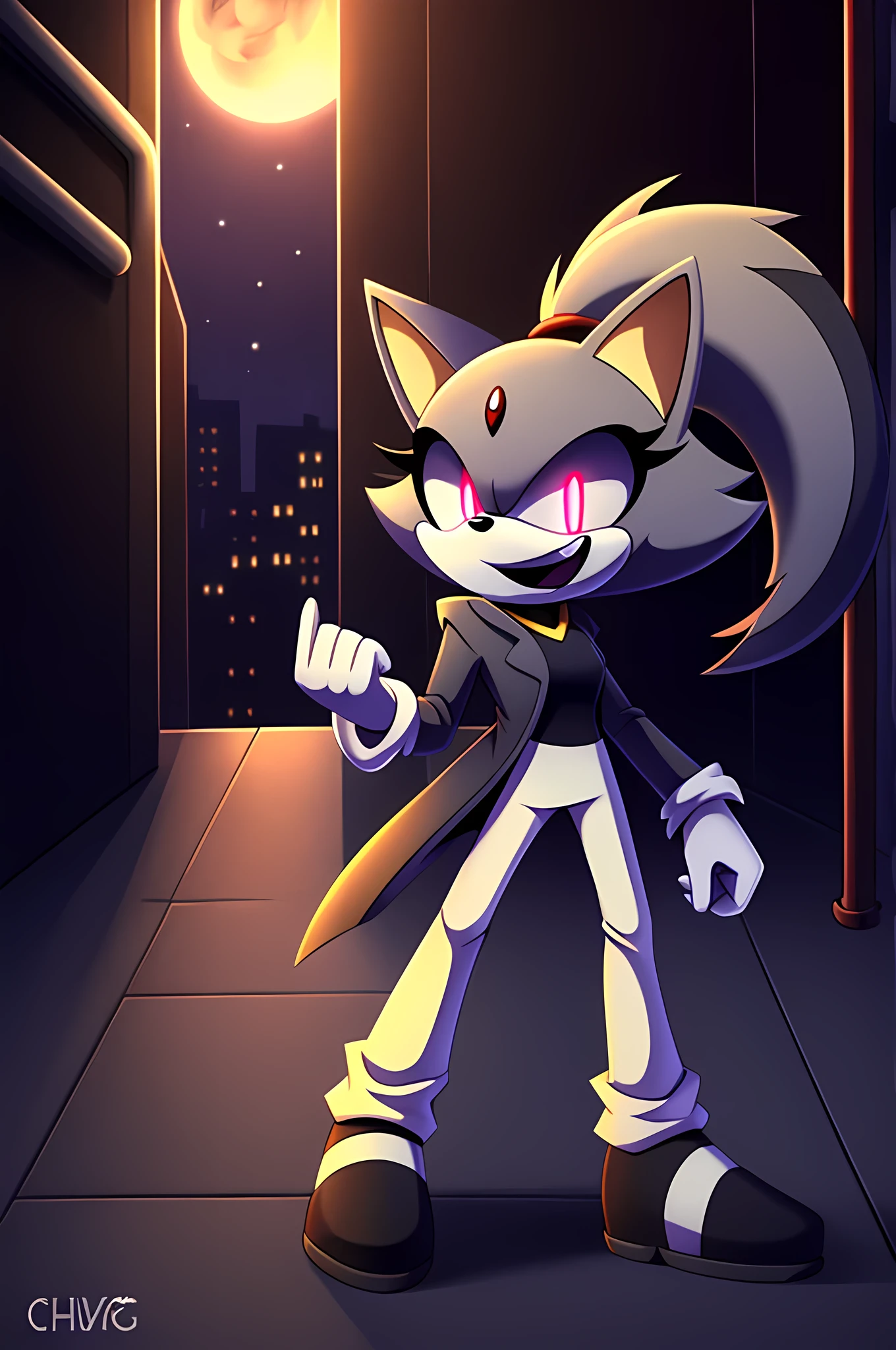 (((masterpiece))), High quality, studio quality, digital art, dark colors, solo character, mobian, in the style of Sonic the Hedgehog, fluffy and wispy grey fur, female cat demon, intimidating height, very skinny legs, skinny body, ponytail that sticks straight up, wearing a plain grey coat with coattails, long coattails, white leggings, black shoes, big evil grin, evil laughter, reveling in evil laughter, throwing head back, villainous stance, triumphant pose, long fluffy tail, long wispy tail, black eyes with red glowing pupils, smoky atmosphere, in the back of a dark city alleyway, nighttime, digital illustration