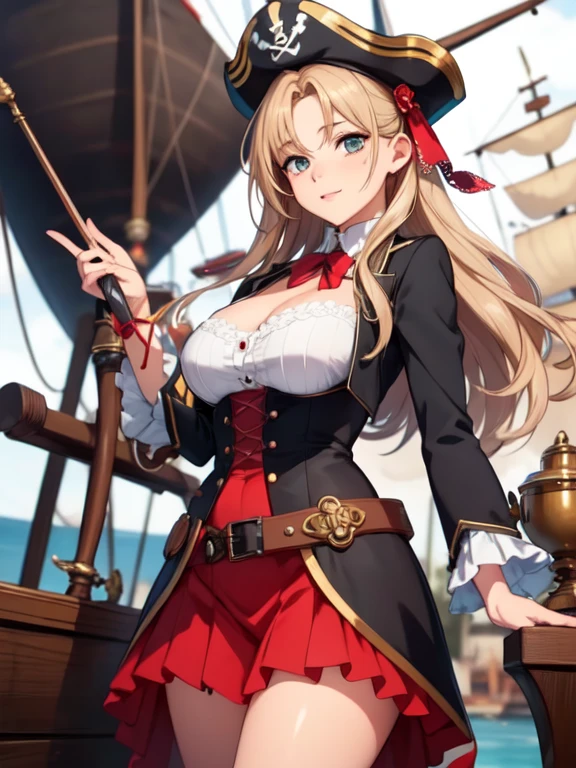 ((masterpiece, best quality, high resolution, UHD, pixel perfect, depth of field, 32k)), 1 girl, girl style anime, cowboy shot, BREAK, girl wearing Women's Steampunk Pirate Costume Burlesque Ruffle Long Skirt Gothic Renaissance Skirt, with a sword in the hand, in a pirate ship.