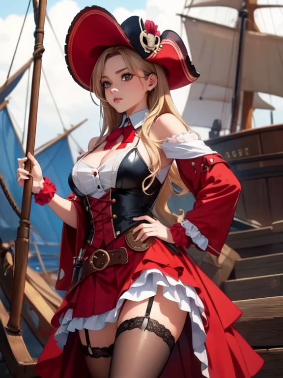 ((masterpiece, best quality, high resolution, UHD, pixel perfect, depth of field, 32k)), 1 girl, girl style anime, cowboy shot, BREAK, girl wearing Women's Steampunk Pirate Costume Burlesque Ruffle Long Skirt Gothic Renaissance Skirt, with a sword in the hand, in a pirate ship.