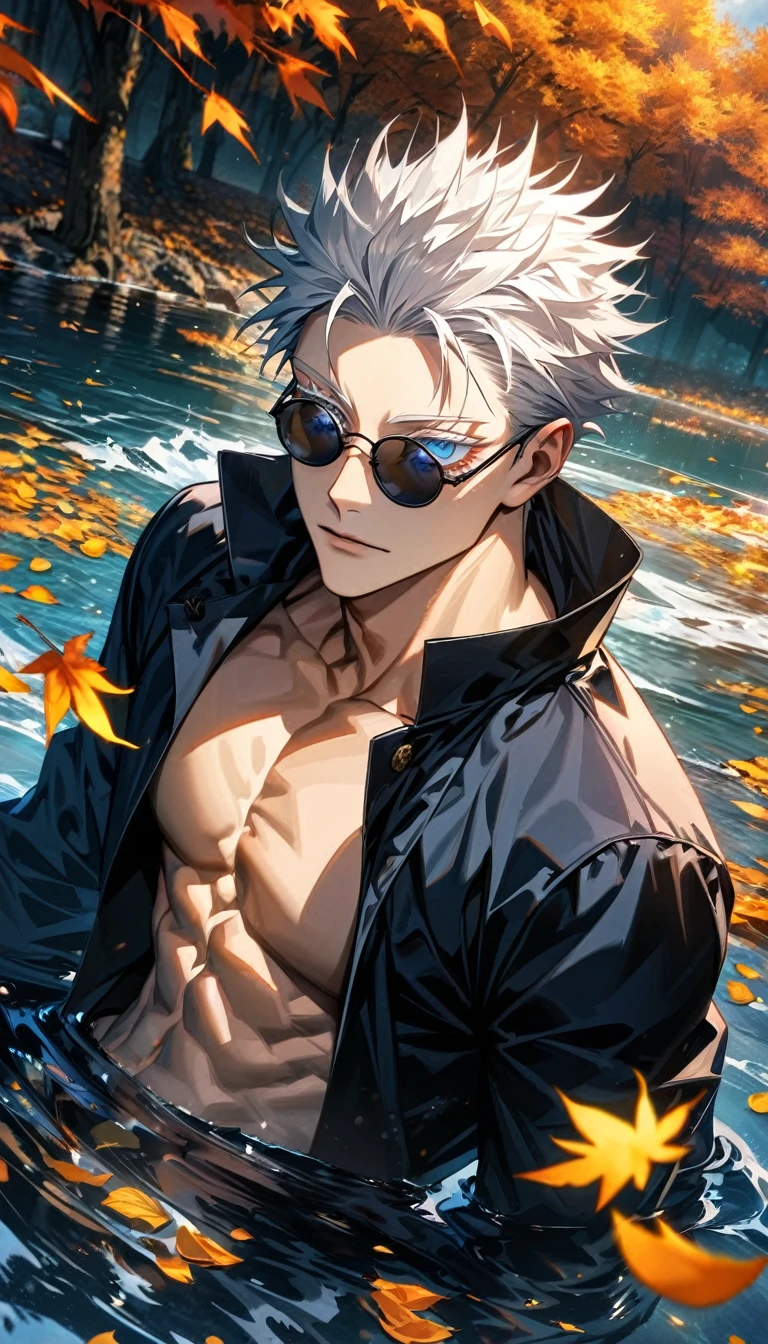 Ultra detailed, highres, absurdres, HDR, Gojo Satoru, white hair with bangs, blue eyes, white eyelashes, black round sunglasses, Jujutsu Kaisen, water, autumn, petals, orange and yellow leaves, sexy man, solo, extremely handsome, very detailed face and eyes, black shirt, black long coat, toned chest,