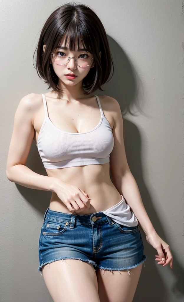 1girl, 18 years old busty woman, shy, eyeglasses, black and pink hair color, bob_cut, bangs, pink blush, white tank top with thin strap, cleavage, big , small waist, denim, pleated skirt, thicc_thighs
thighs, legs, knees, sneakers, perfect fingers, abandoned house, nightime, back against the wall, seiza position on the table