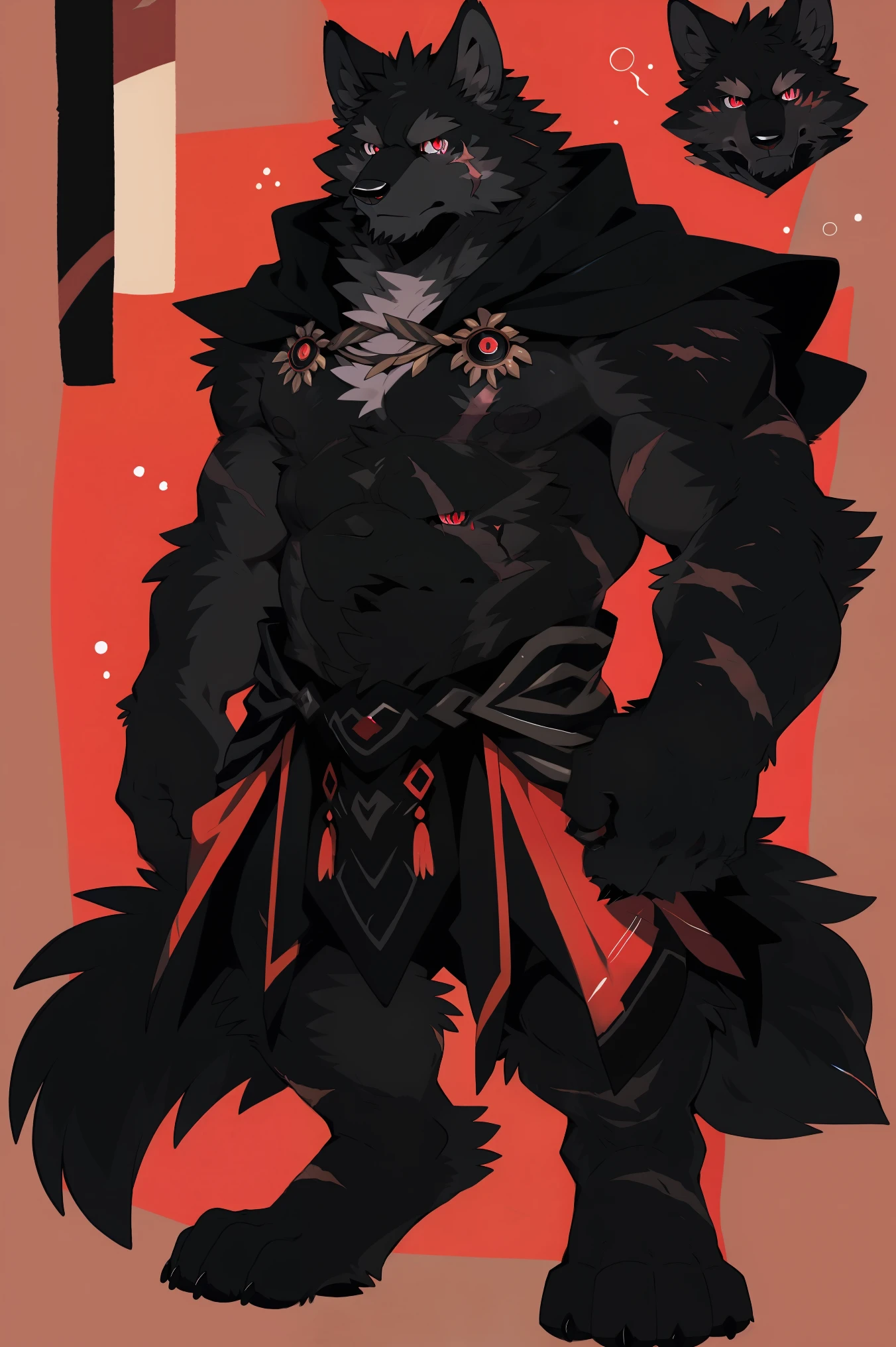 wolf face, solo, Pure black hair, (all black fur:1.5), Topless, (Black cape), (Perfect red eyes:1.4), （artist:Takemoto Arashi）, twitchemote, Mature face, elder, Clear facial details, glint, nipple, Elderly, expressionless, scars on the body, Simple background, Tonalism, reference sheet, character chart, high details