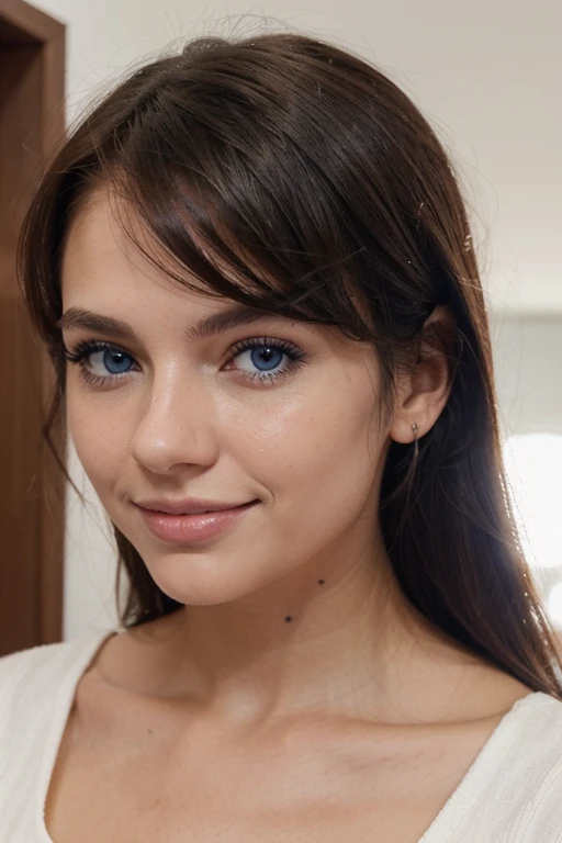 Genera una mujer realista para foto de perfil en Instagram, de cabello negro, piel blanca, blue eyes white smile and some moles.