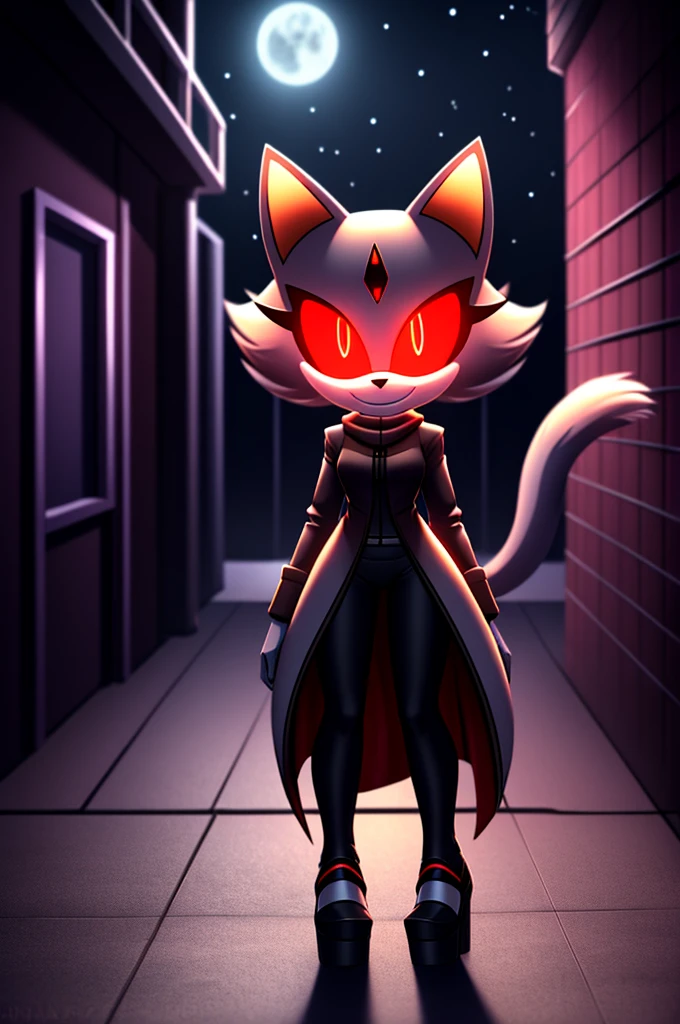 (((masterpiece))), High quality, studio quality, dark colors, 4k, solo character, mobian, tall skinny character, fluffy and wispy grey fur, female cat demon, wearing a grey coat with coattails, white leggings, black high heels, evil smile, triumphant pose, long fluffy tail, red glowing eyes, smoky atmosphere, in the back of a dark city alleyway, nighttime, digital art