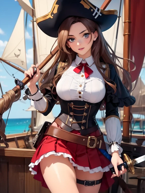 ((masterpiece, best quality, high resolution, UHD, pixel perfect, depth of field, 32k)), 1 girl, brown hair, girl style anime, cowboy shot, BREAK, girl wearing Women's Steampunk Pirate Costume Burlesque Ruffle Long Skirt Gothic Renaissance Skirt, with a sword in the hand, in a pirate ship.