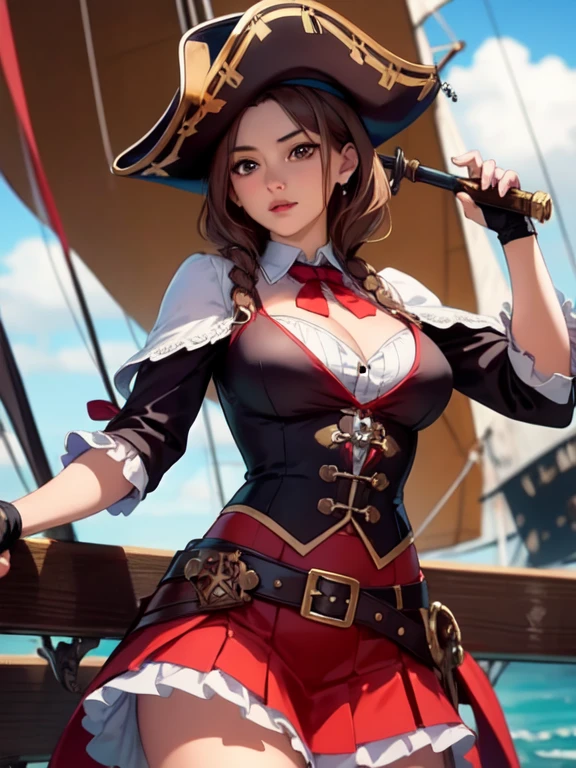 ((masterpiece, best quality, high resolution, UHD, pixel perfect, depth of field, 32k)), 1 girl, brown hair, girl style anime, cowboy shot, BREAK, girl wearing Women's Steampunk Pirate Costume Burlesque Ruffle Long Skirt Gothic Renaissance Skirt, with a sword in the hand, in a pirate ship.