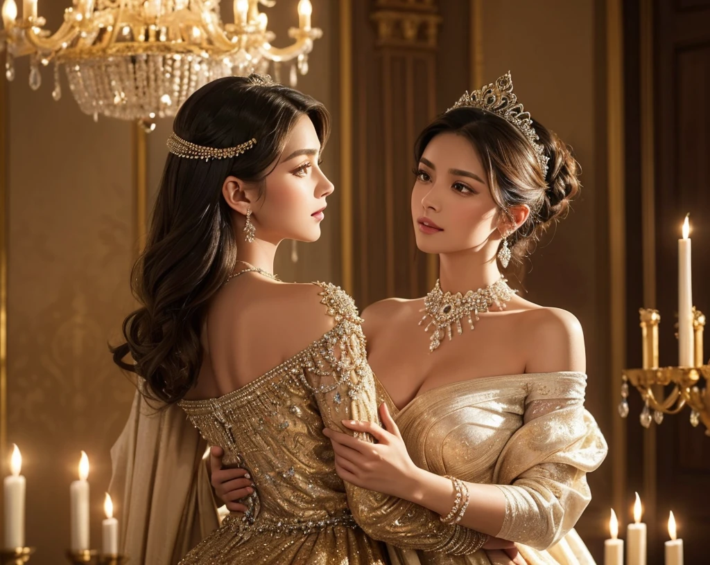 (best quality,4k,8k,highres,masterpiece:1.2),ultra-detailed,(realistic,photorealistic,photo-realistic:1.37),portraits, HDR,sharp focus,physically-based rendering,professional,vivid colors,bokeh,three girls,gorgeous detailed eyes,beautiful detailed lips,extremely detailed faces,long eyelashes,gorgeous detailed hair,diverse ethnicities,stylish and fashionable,dressed in elegant evening dresses,posing in an opulent ballroom,elegant and confident postures,interacting with each other,bathed in soft, warm light,emphasizing their radiant beauty,fine traditional oil painting style,textured brushwork,rich and vibrant color palette,dynamic and lively compositions,subtle nuances in skin tones,perfectly harmonized contrast between light and shadows,abundant luxurious ornaments and decorations,ornate chandeliers and candlelights,reflections and glimmers on their dresses,sparkling jewelry and tiaras,exquisite details on their accessories,contributing to the overall elegance and opulence of the scene.