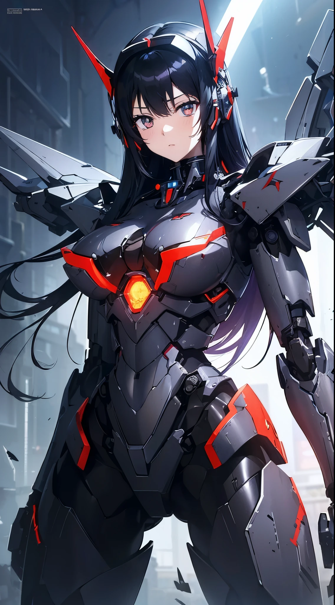 Machine eyes glowing red、Expressionless