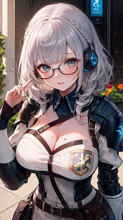 Beautiful Face, highest quality, Ultra-high resolution natural light, Shiny skin, Detailed skin, Detailed face, Fine grain, Beautiful woman, Gray Hair, Straight hair, Floating Hair, Big Hair, Mole under the eye, With glasses, Headphones, A scene from a science fiction movie, Great background, A metal suit that fits perfectly to the body, thick belt.