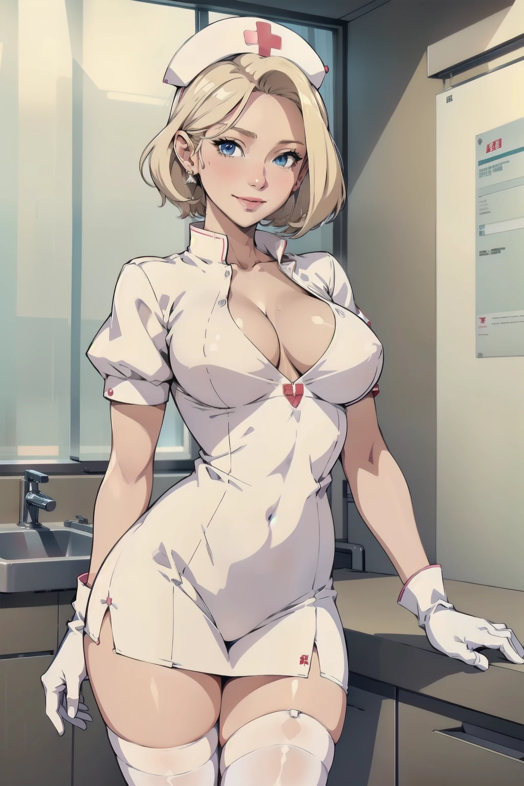 1woman, Nurse, nurse uniform, Nurse Cap, Whiteware, ((White legwear, zettai ryouiki)), White Gloves, Blonde hair, Blue eyes, pink lipsticks, Smile, Standing, sharp outline, Short sleeves, a mature female, 35 year old, Best Quality, masterpiece, infirmary, As chest shows, chest escaping, rain on face, sensuous pose, tit visible