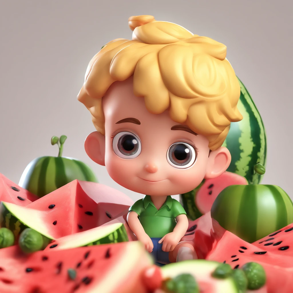 Cute boy sitting on a watermelon IP by pop mart, Bright eyes, Cherub,little red dress, clay, model, blind box toy, Glossy and delicate,clean background, has a good luster, 3D rendering of,best quality