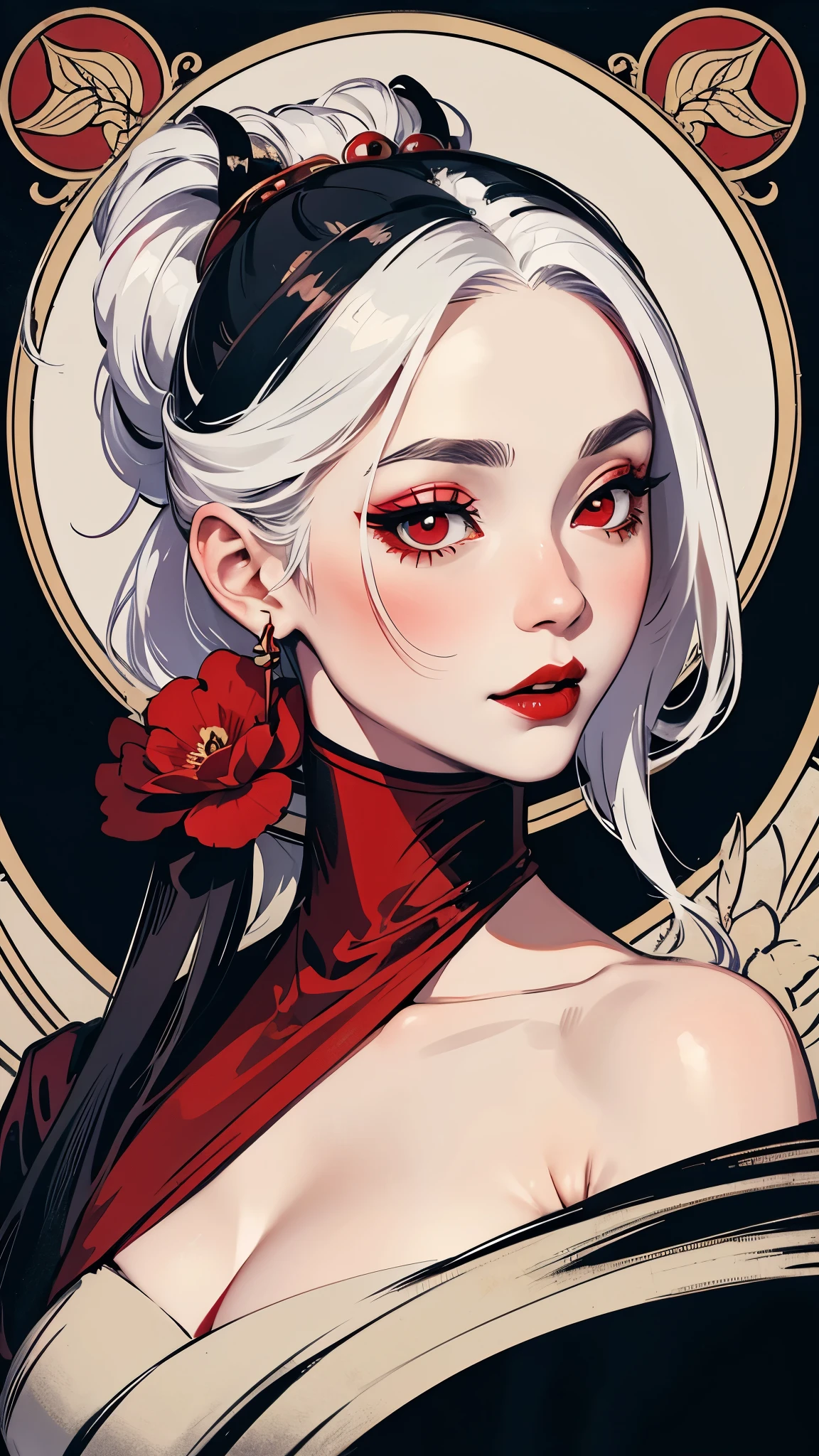 vampire geisha looking over the shoulder,white hair tied,red flower in hair,red lipstick,dark makeup,hand drawn,art nouveau,tarot card