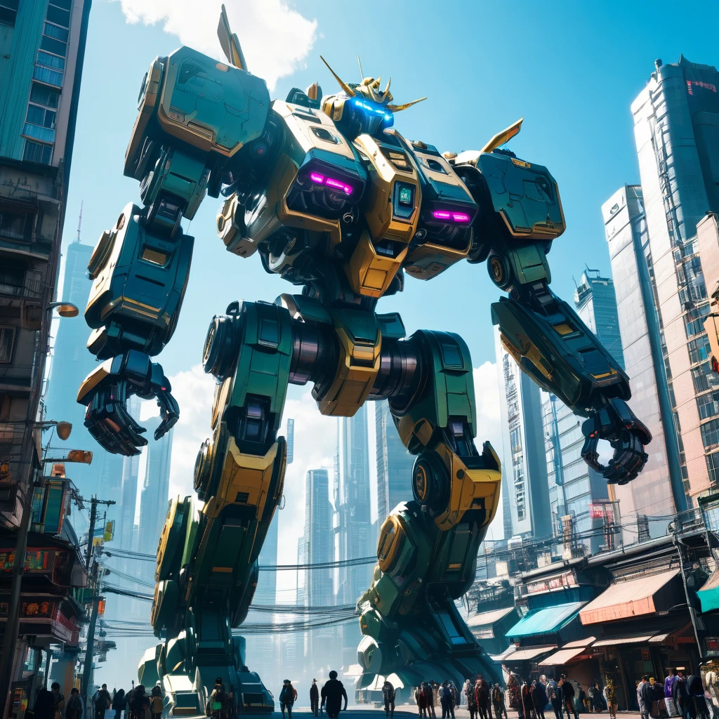 gigantic mecha looming over cyberpunk city on sunny day. Colossal scale
