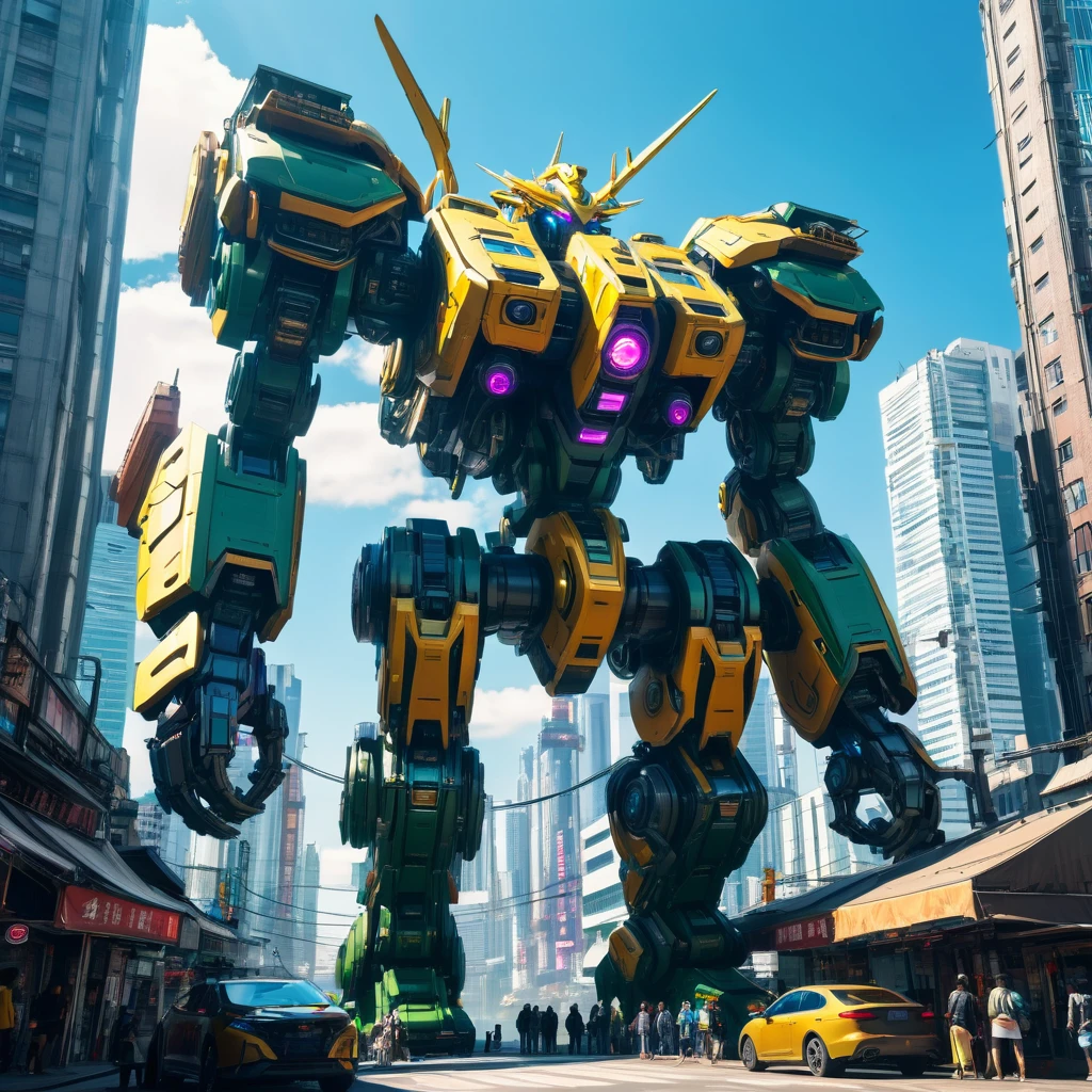 gigantic mecha looming over cyberpunk city on sunny day. Colossal scale