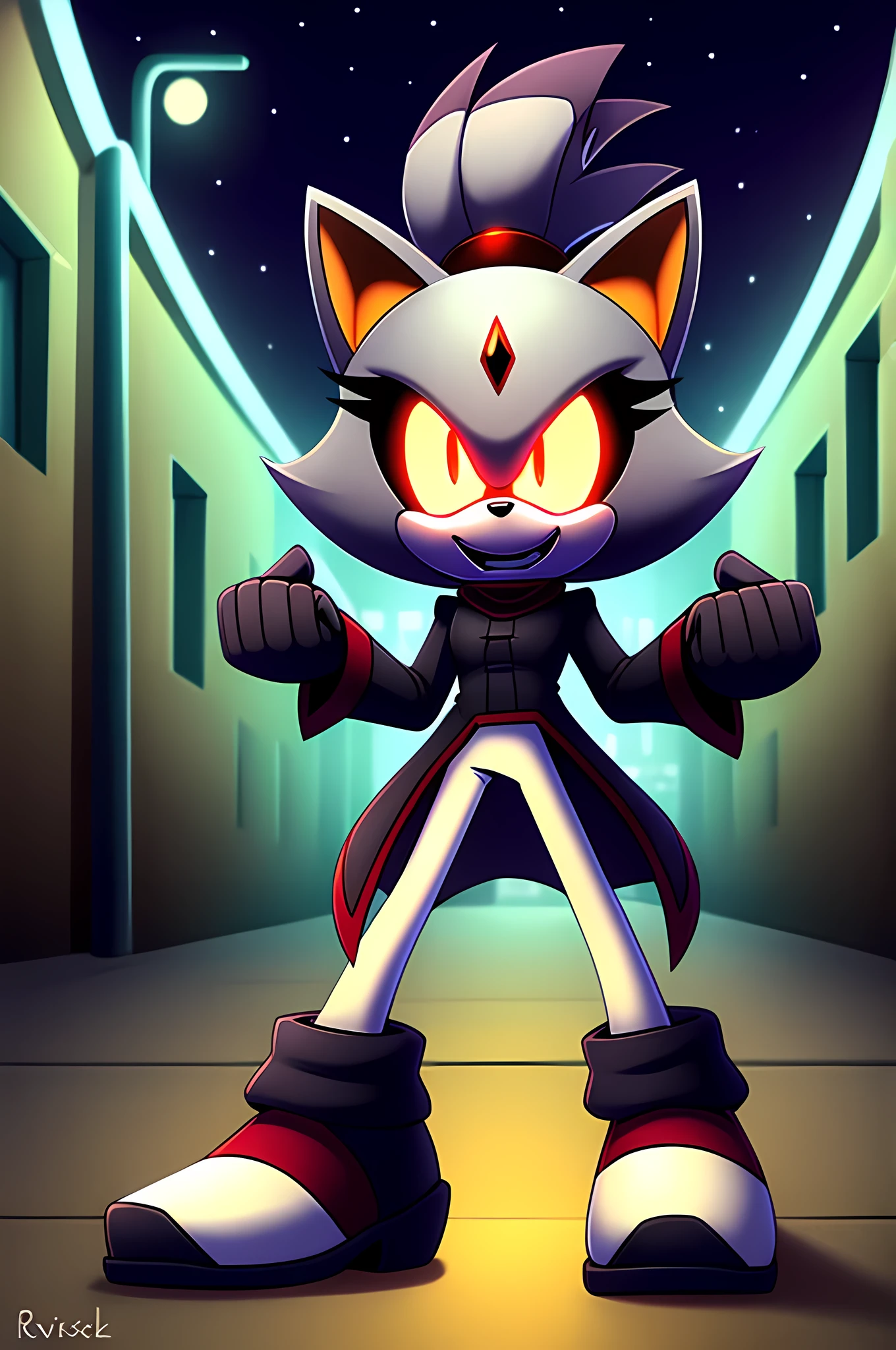 (((masterpiece))), High quality, studio quality, digital art, dark colors, solo character, mobian, in the style of Sonic the Hedgehog, fluffy and wispy grey fur, female cat demon, intimidating height, very skinny legs, skinny body, red glowing eyes, ponytail that sticks straight up, wearing a plain grey coat with coattails, long coattails, white leggings, black shoes, big evil grin, evil laughter, reveling in evil laughter, throwing head back, villainous stance, triumphant pose, long fluffy tail, long wispy tail, black eyes with red glowing pupils, smoky atmosphere, in the back of a dark city alleyway, nighttime, digital illustration