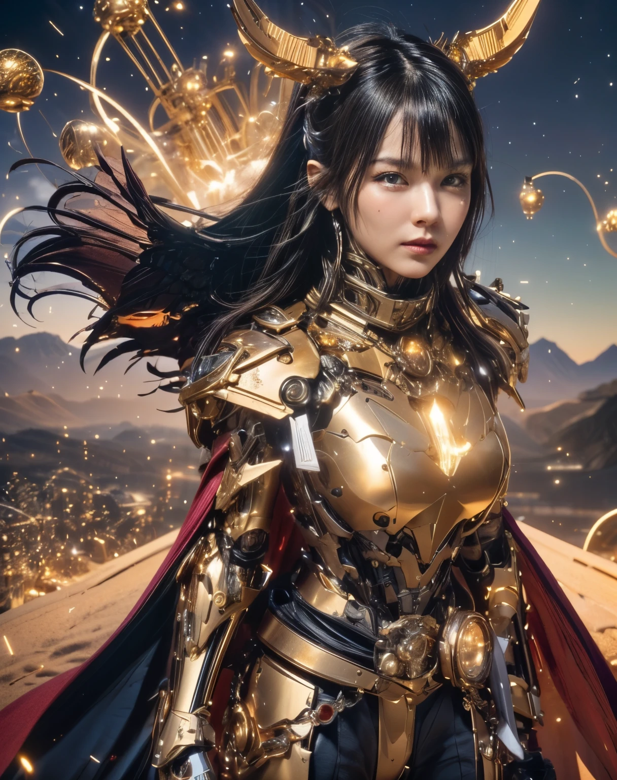 (top-quality:1.2, masterpiece)、ultra high resolution、extremely ultra surrealism, (Photorealsitic:1.4)、Raw photo、(Steampunk Battle Cyborg fallen angel)、(large mechanical bat wings)、black porcelain body、red hair、glowy skin、1 Cyborg girl、(mechanical frame:1.3)japanese, extremely cute face, ((super realistic details))、portrait、globalillumination、Shadow、octan render、8K、ultrasharp、character edge light、Details of complex ornaments、Acrylic Clear Cover、Sumerian details、Hydraulic cylinder、Small LED lamp、highly intricate detail、Realistic light、a purple eye、radiant eyes、Facing the camera、neon details、cowboy shot、Futuristic headgear、About Cyberpunk