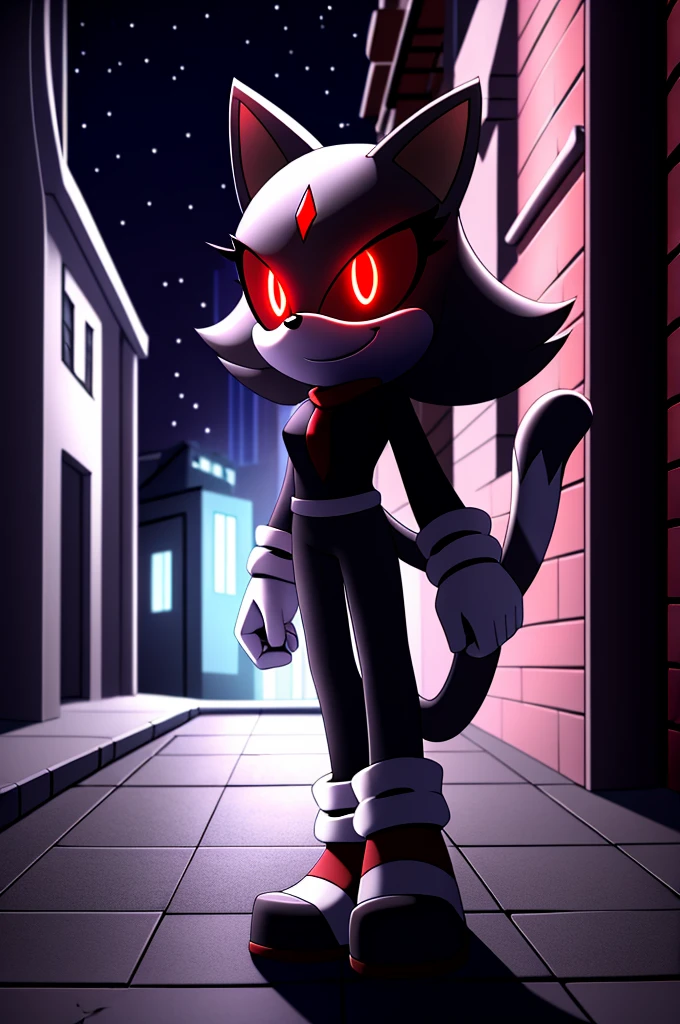 (((masterpiece))), High quality, studio quality, dark colors, 4k, solo character, mobian, grey black and white fur, female cat demon, wispy and smoky fur, evil smile, triumphant pose, bright red glowing eyes, in the back of a dark city alleyway, nighttime, digital art