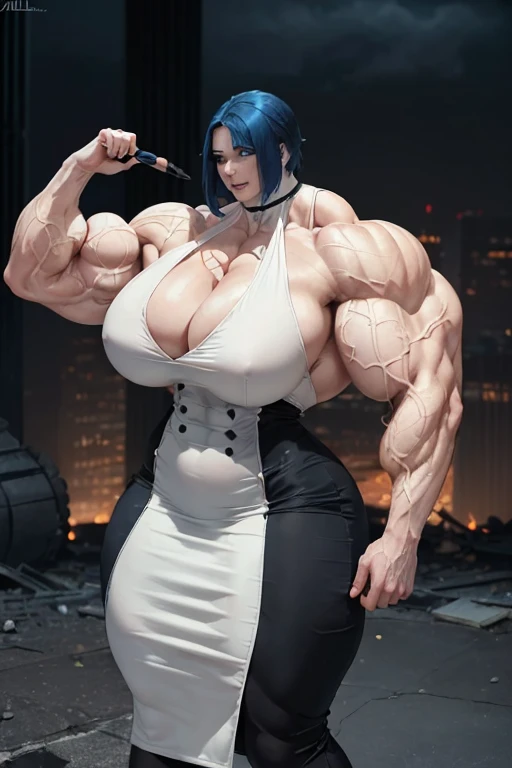(((((Massive tall, beautiful, buff, pale white skinned muscular woman with royal blue hair, ginormous bulky muscles and wearing a beautiful black gothic pencil dress))))), (close view), massive muscles, massive biceps, hyper muscle shoulders, massive muscle arms, vascular shoulders, hyper muscle triceps, (long curly wavy hair), white eyes, choker, lace sleeved gloves, (on top of a dilapidated skyscraper in a dark destroyed city), confident smile, hyper vascular arm, hyper muscles arms, hyper muscle legs, (massive arms).