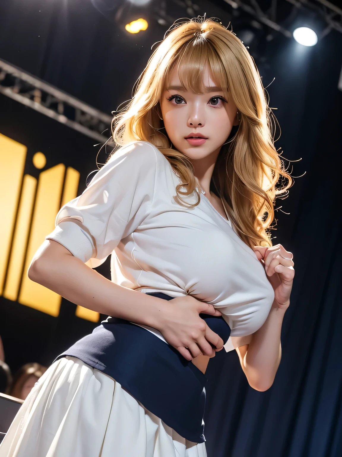 8K、Photo image masterpiece、highest quality、Super-resolution、Angle low-angle image from the feet、Beautiful woman with golden curly hair、((Blonde beauty))、With bangs、Strong winds、Impossibly cute face、And slim、Small breasts、High resolution、masterpiece、Exquisite Function 、Delicate eyes、Delicate blonde hair、8K quality、Pale light and shadow、Dindal effect、Strong winds make her blonde hair messy、With bangs、Random Hairstyles、((A photo from the delicate feet)、(Detailed RAW Photos of Girls)、(Tabletop:1.25)、 (Highest quality:1.6)、(超High resolution:1.5)、(Real:1.75)、8K resolution、Image from the foot、 (RAW Photos:1.2), (Realistic:1.4), Beautiful detailed woman, Very narrow waist、Very detailed eyes and face, Beautiful fine details, Large file size、Very detailed、High resolution、highest quality、masterpiece、((A light navy blue summer blouse and a white skirt))、Very detailed、CG、Unified、8k wallpaper、The finer detailasterpiece、highest quality、 Light on the face、Cinema Lighting、27-year-old woman、A popular model on a high stage、A popular model on a high stage、The voyeurism incident from below the stage、The concert venue was packed with fans., A crowd of fans tries to take photos of Punch and others、Surrounded by fans, she is being secretly photographed from below、Colorful and gorgeous costumes、(highest quality,16k,最High resolution、Tabletop:1.2),Very detailed、(Realistic、Realistic:1.37)、27-year-old woman、Random Hairstyles、Accentuate your waistline、Clearly visible body lines、Light background、Costumes that show underwear、Costumes of various colors and shapes、White Pantyhose、((Crowd of fans taking pictures, Fans groping her breasts and buttocks、))、