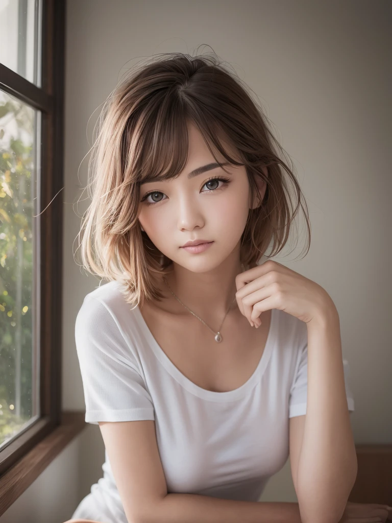 Top quality, Ultra-high resolution, (Reality: 1.4), beautiful eyes，Short and delicate hair，White T-shirt，Beautiful breasts, spouse, lover&#39;s eyes, Sexy smile, Perfect style, Perfect balance, Delicate skin,