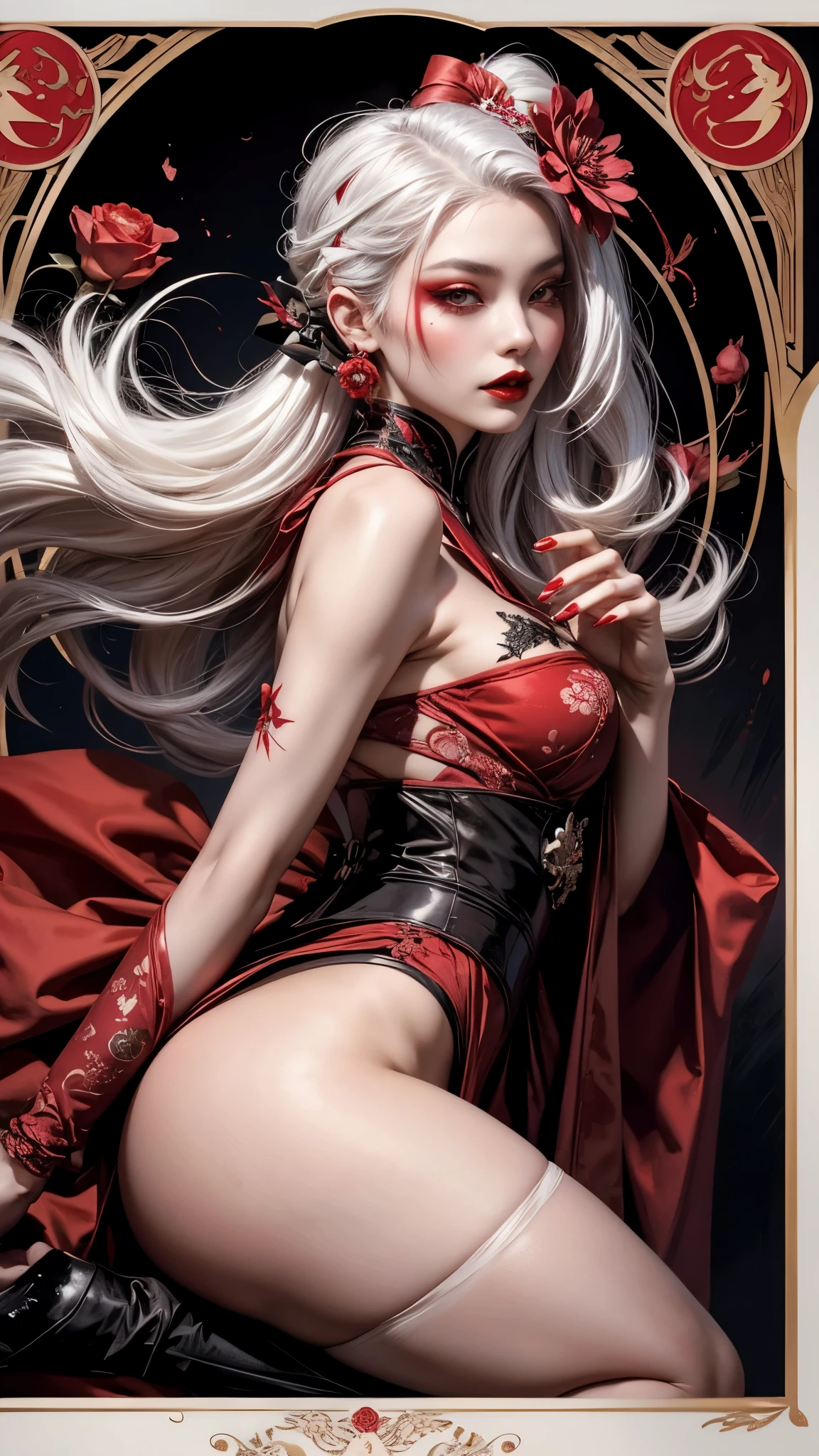 vampire geisha looking over the shoulder,white hair tied,red flower in hair,red lipstick,dark makeup,hand drawn,art nouveau,tarot card