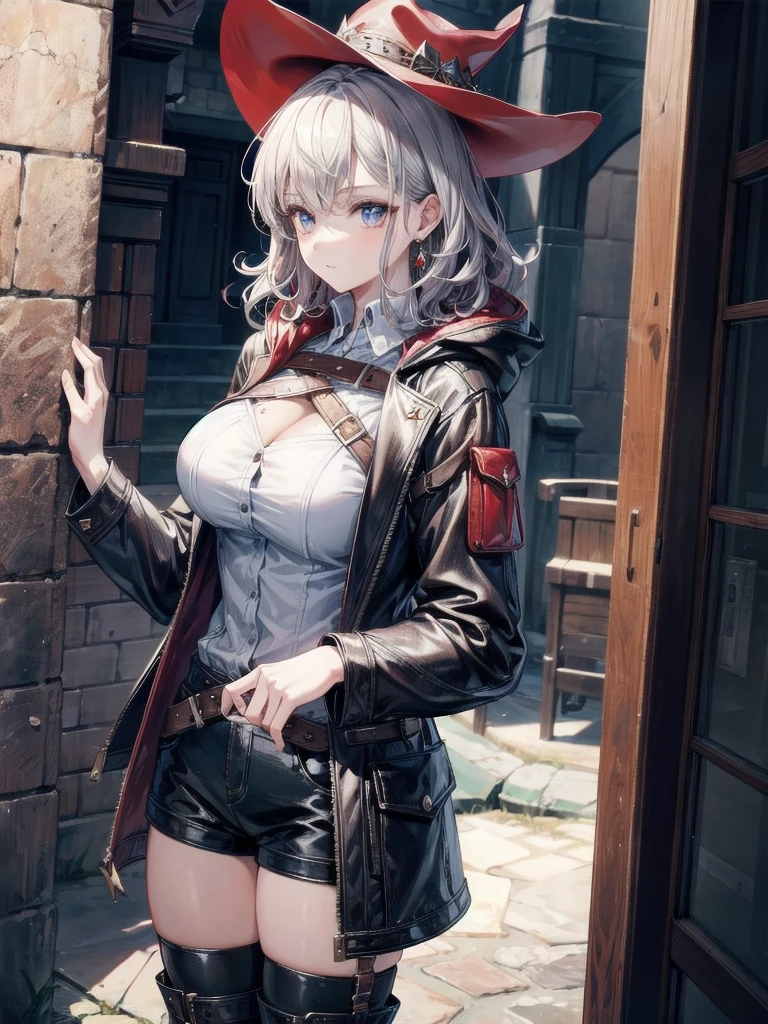cool cowgirl, fantasy adventurer, cowboy hat, decorated hooded armor jacket, cross belt, Brown leather pants, Red leather long boots, absurdres, RAW photo, extremely delicate and beautiful, masterpiece, Best Quality, ultra high resolution, 32k, hyperrealistic, ultra-detailed, detailed description, pale skin, 20 years old, tearful mole, earring, big tits, short medium hair, wavy hair, whole body shot,