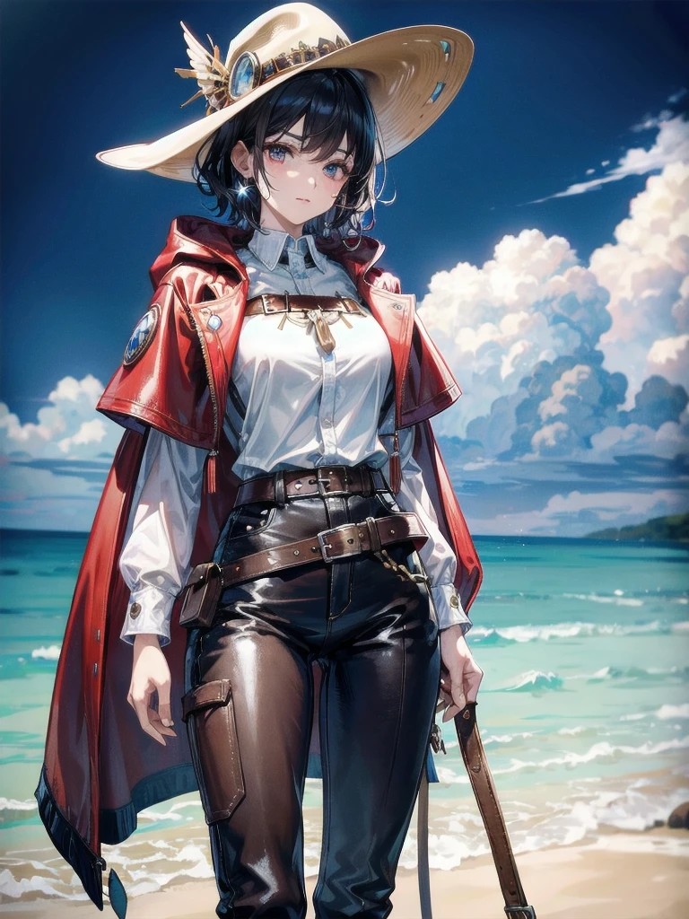 no humans, scenery, vanishing point, from below, masterpiece, best quality, 8k, absurdres, water surface, summer, noon, sunlight, blue sky, perspective, depth of field, highres, finely detail, ultra-detailed, sharp focus,Masterpiece, best quality, (8k very detailed CG unit wallpaper) (best quality), (best illustration), (best shading) a golden sea wave, bright orange aol sunset through the wave, golden water drops flying, (:1. 6), fantasy medieval pirate, saber in hand, turban, pirate hat, cocked hat, on a boat, sails, sea and sky background, the only characters, correct female anatomy, art by Greg Rutkowski, digital art by artgerm, detailed art, masterpiece, digital painting