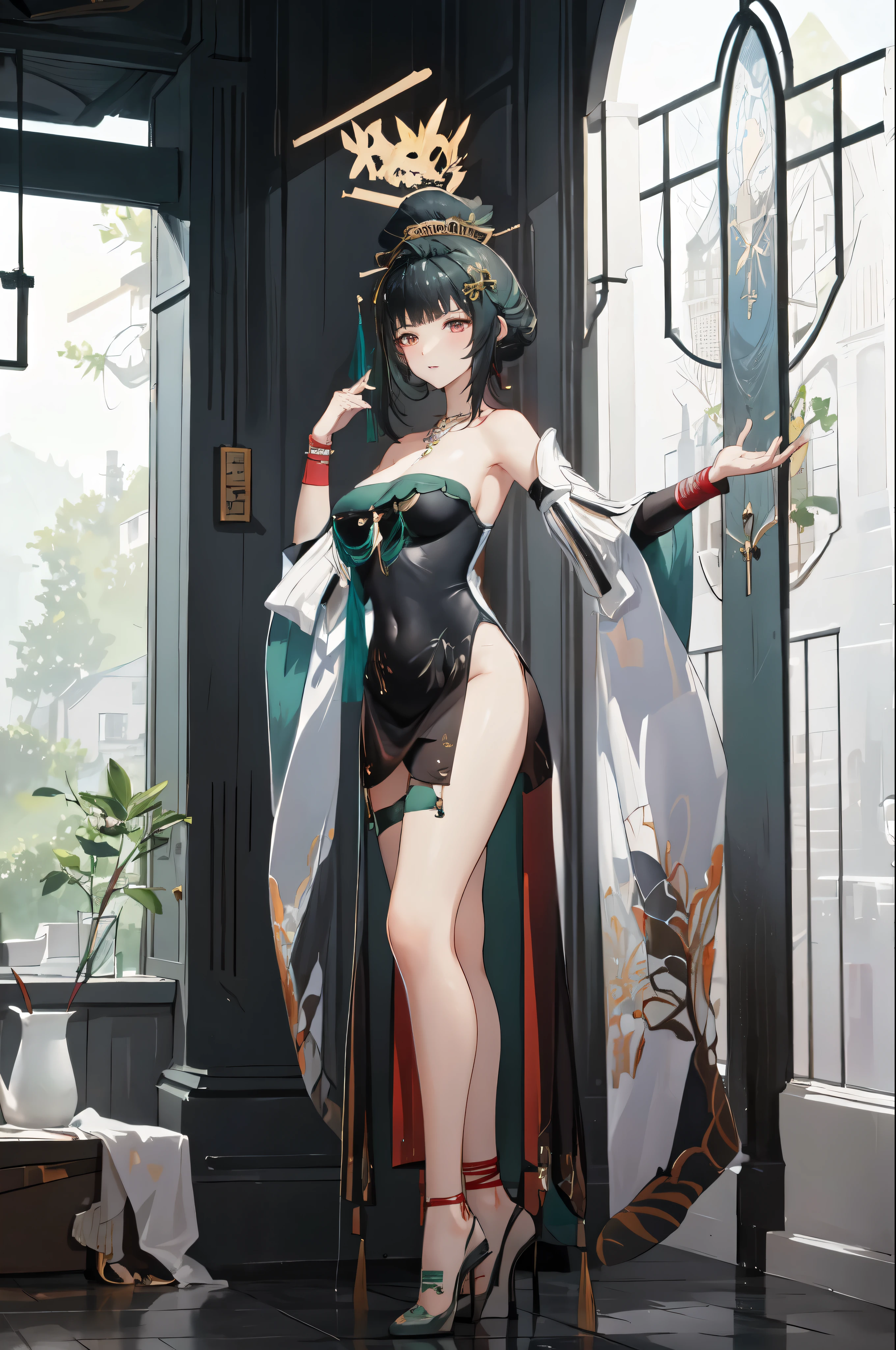 masterpiece, best quality BREAK solo, china dress, highres, 1girl, standing, (large breasts), mature female, hanying, Full body drawing, (masterpiece), (best quality), (hyperdetail), (illustration), ((extremely delicate and beautiful)), (detailed light), (prefect's body), full body drawing, dancer, Hanying, HanYing, sexy, sexy belly, sexy belly line, sexy belly button