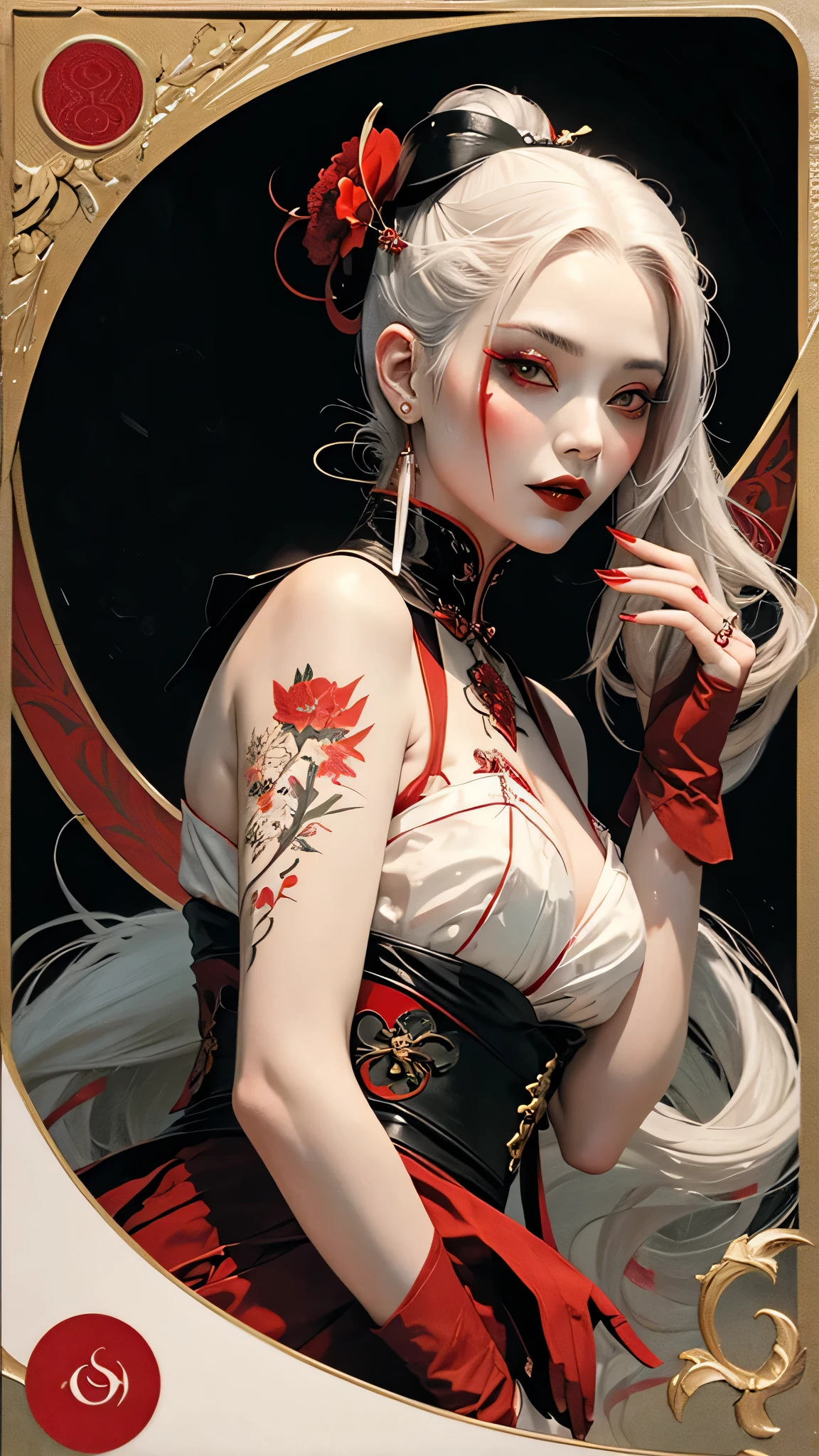 vampire geisha looking over the shoulder,white hair tied,red flower in hair,red lipstick,dark makeup,hand drawn,art nouveau,tarot card