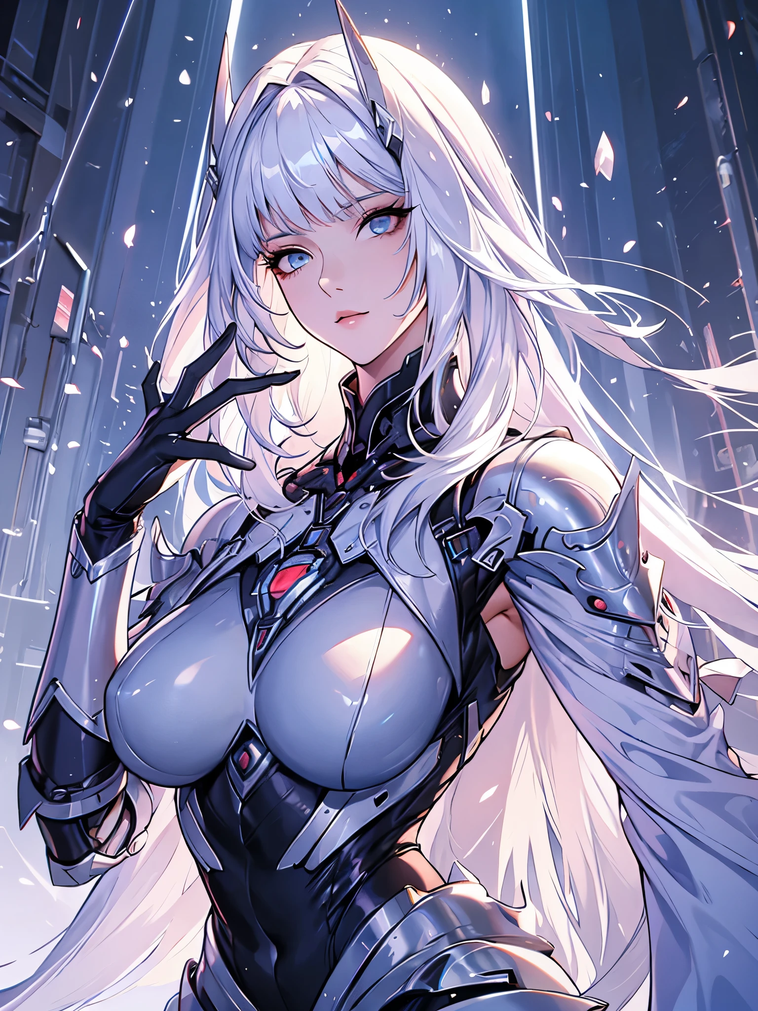 Beautiful tall woman with robotic armor and super realistic white hair, cabelos longos e bem detalhado