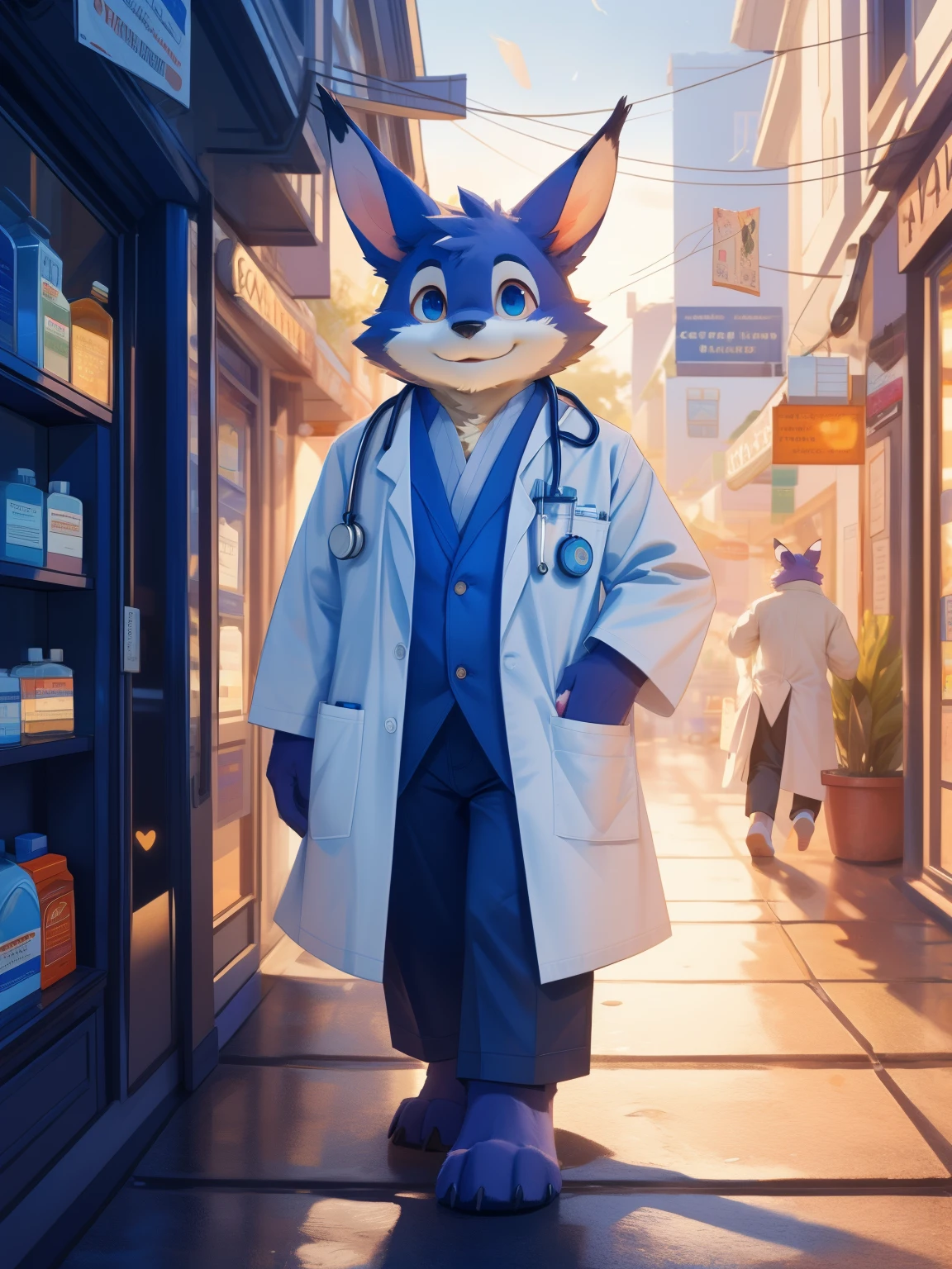 full-length portrait,anthro,hi res,woman,doctor,My Neighbor Totoro,Purple fur,White coat,White Hat,Legs white plush feet,White plush paw,Detailed eyes,Delicate eyes,Extremely high detail,8k high definition characters,pharmacy,Smile