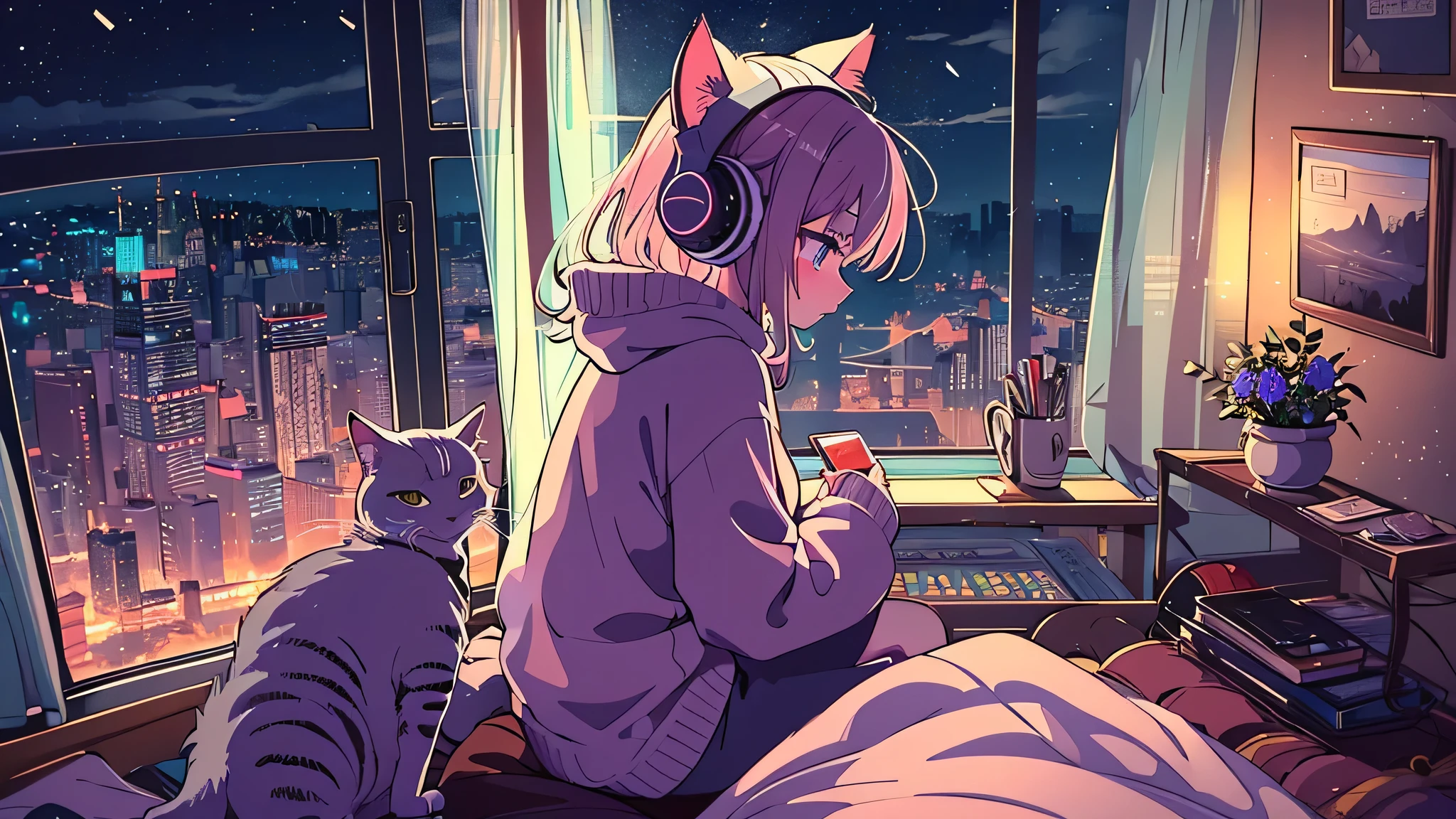 Detailed anime girls, Wearing a large sweater, Wearing headband headphones, praise, quiet, Quiet atmosphere, cold, Looking out the window in the bedroom, night, quiet night, Cat, masterpiece, highest quality