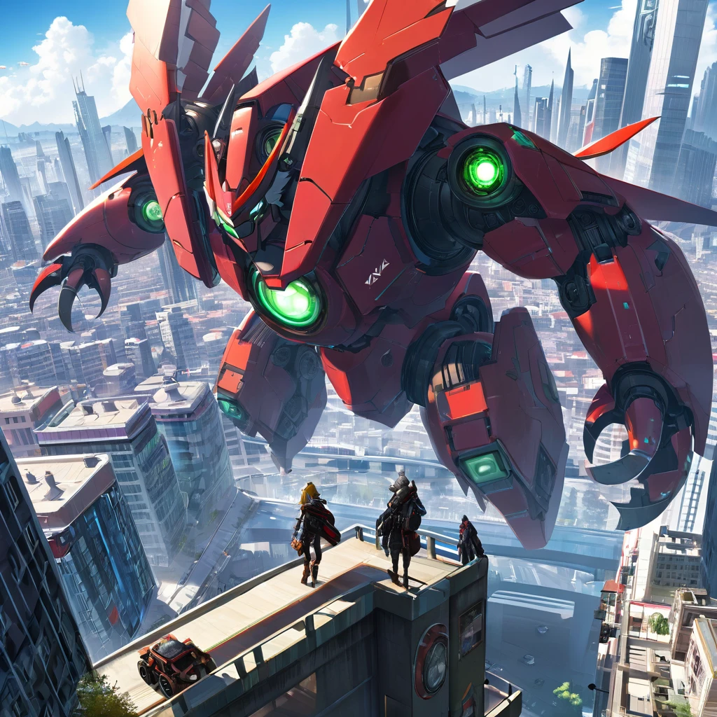 gigantic mecha looming over cyberpunk city on sunny day. Colossal scale