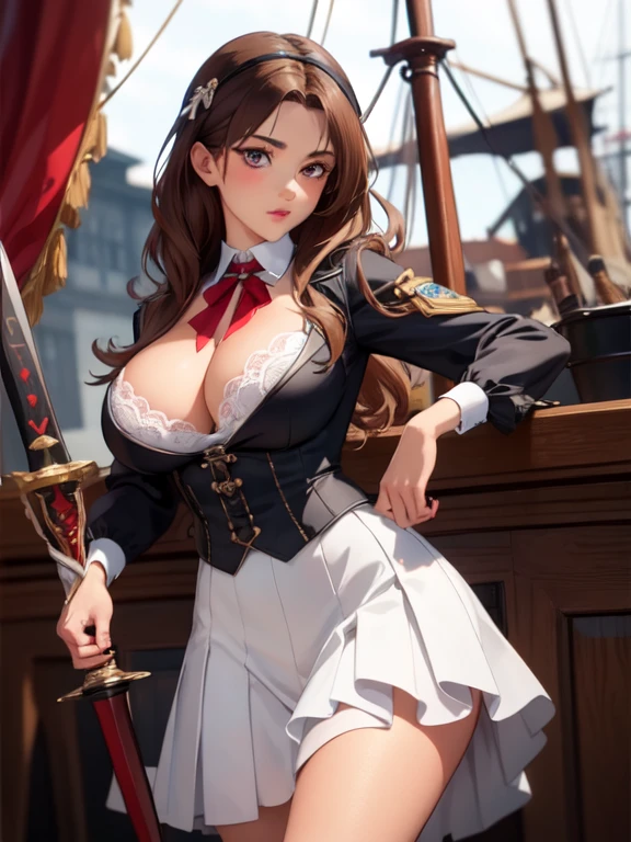 ((masterpiece, best quality, high resolution, UHD, pixel perfect, depth of field, 32k)), 1 girl, brown hair, brwon eyes, big breast, girl style anime, cowboy shot, BREAK, girl wearing Women's Steampunk Pirate Costume Burlesque Ruffle Long Skirt Gothic Renaissance Skirt, with a sword in the hand, in a pirate ship.