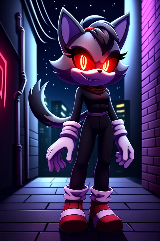 (((masterpiece))), High quality, studio quality, dark colors, 4k, solo character, mobian, wispy grey and black fur, female cat demon, wispy and smoky fur, 3 raised ponytails sticking up, evil smile, triumphant pose, bright red glowing eyes, in the back of a dark city alleyway, nighttime, digital art