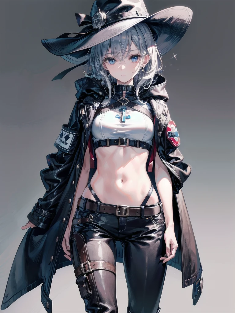 cool cowgirl, fantasy adventurer, cowboy hat, decorated hooded armor jacket, cross belt, Brown leather pants, Red leather long boots, absurdres, RAW photo, extremely delicate and beautiful, masterpiece, Best Quality, ultra high resolution, 32k, hyperrealistic, ultra-detailed, detailed description, pale skin, 20 years old, tearful mole, earring, short medium hair, wavy hair, whole body shot,