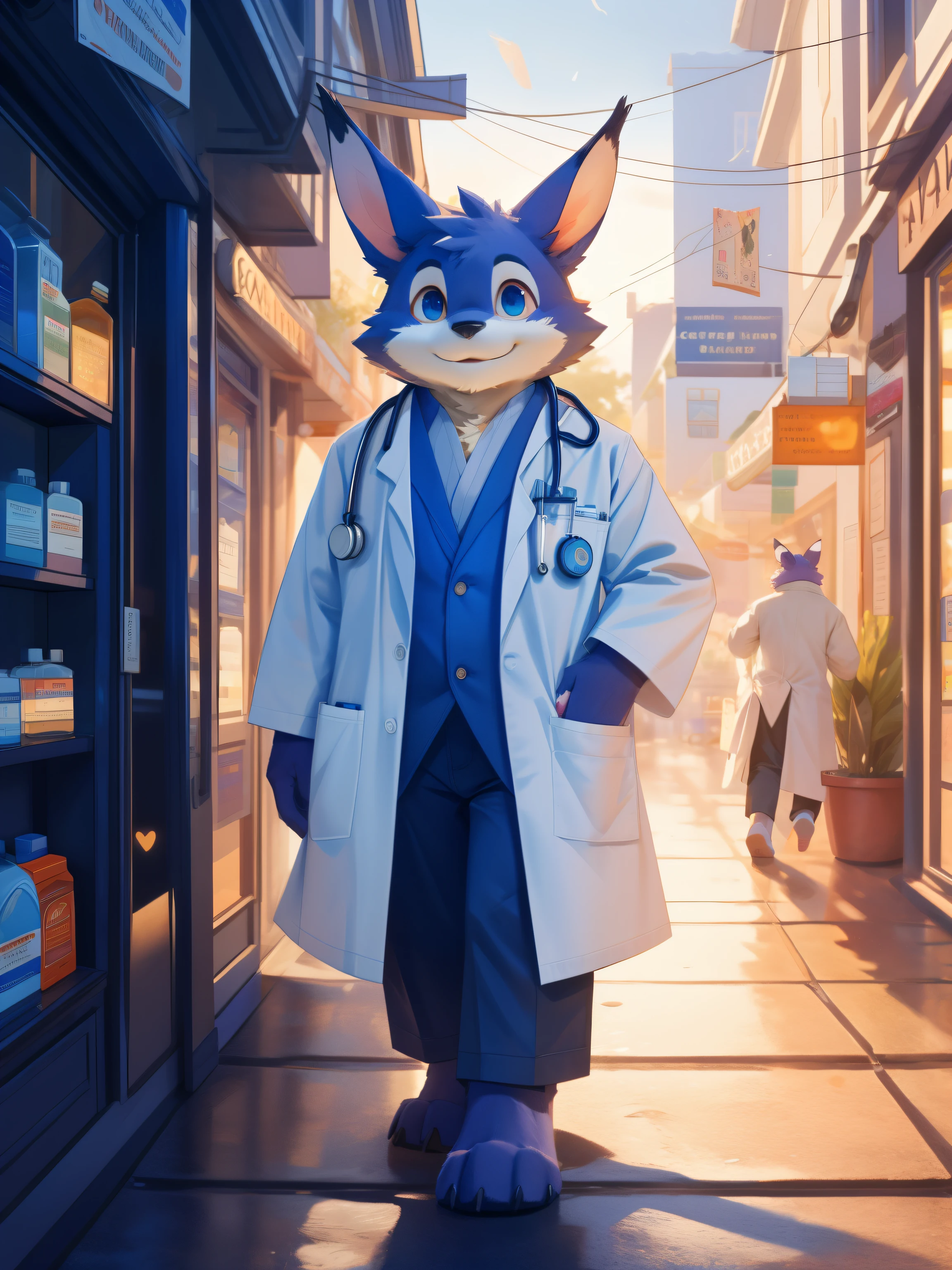 full-length portrait，anthro，hi res，woman，doctor，My Neighbor Totoro，Purple fur，White coat，White Hat，Legs white plush feet，White plush paw，Detailed eyes，Delicate eyes，Extremely high detail，8k high definition characters，pharmacy，Smile