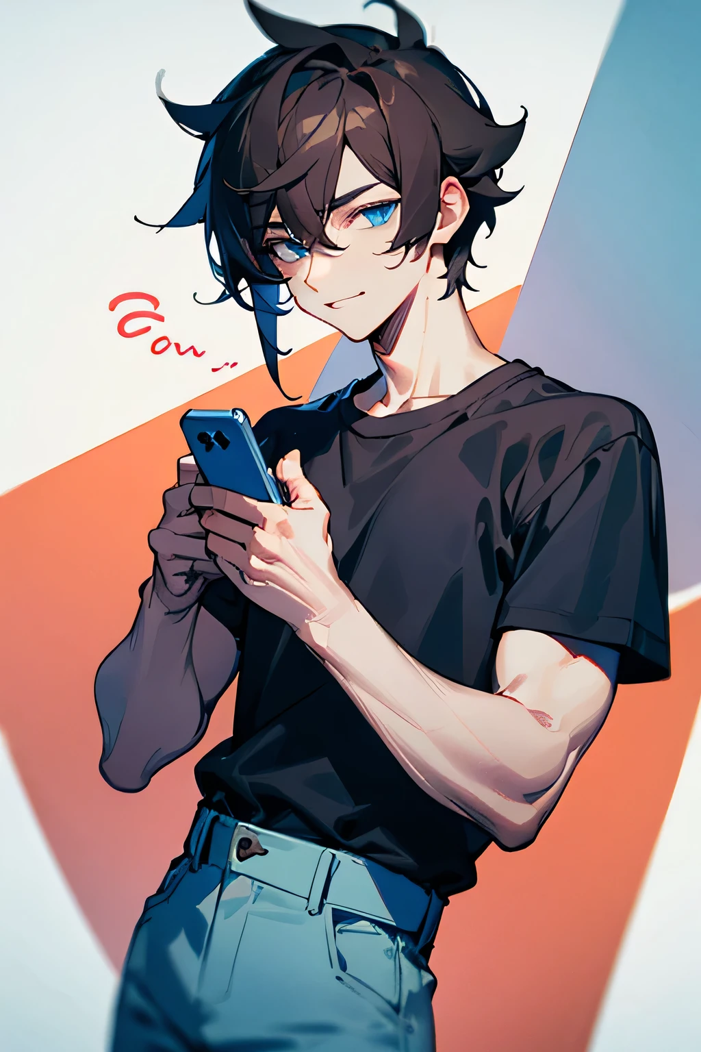 Male, Dark hair, bright Blue eyes, Dark shirt, Pastel pants, holding phone, proud face, cocky face
