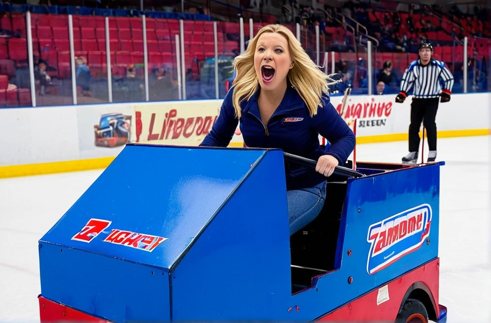 A woman with blonde hair, shouting, driving a blue and red Zamboni, on a hockey rink, during a hockey game,