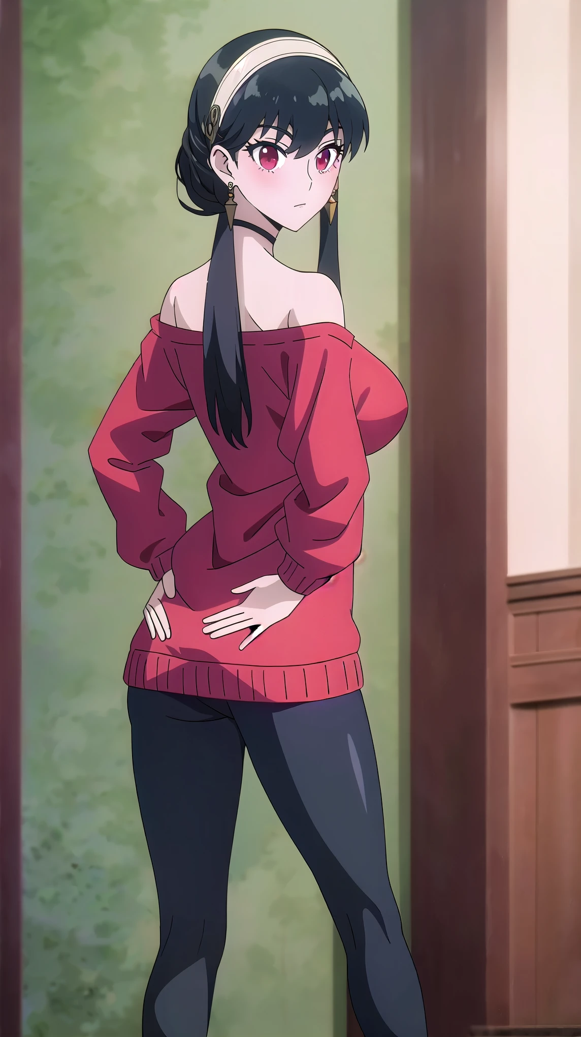 ((Masterpiece)), beautiful details, perfect focus, uniform 8K wallpaper, 4320p, high resolution, exquisite texture in every detail, Medium shot photograph, ((1 girl)), solo, looking at viewer, short-hair, red eyes, ((((gigants_breasts)))), hands on hips, (((well drawn and drawn hands: 0.8))), (hidden_hands), ((((setting)))), ((spread lengs)), (((open-lengs)), Focus two feet, Yor has black hair, a pale complexion, dark red eyes and has a slim physical build. She usually wears her long hair tied up with two long front strands, while the back is usually tied up. She always wears pointed earrings with a shape similar to that of his favorite weapon. He usually has calm and gentle expressions, She wears a red sweater with bare shoulders and a slight neckline in the back, black leggings and brown ankle boots. She also usually wears her hair loosely tied up with a white headband,