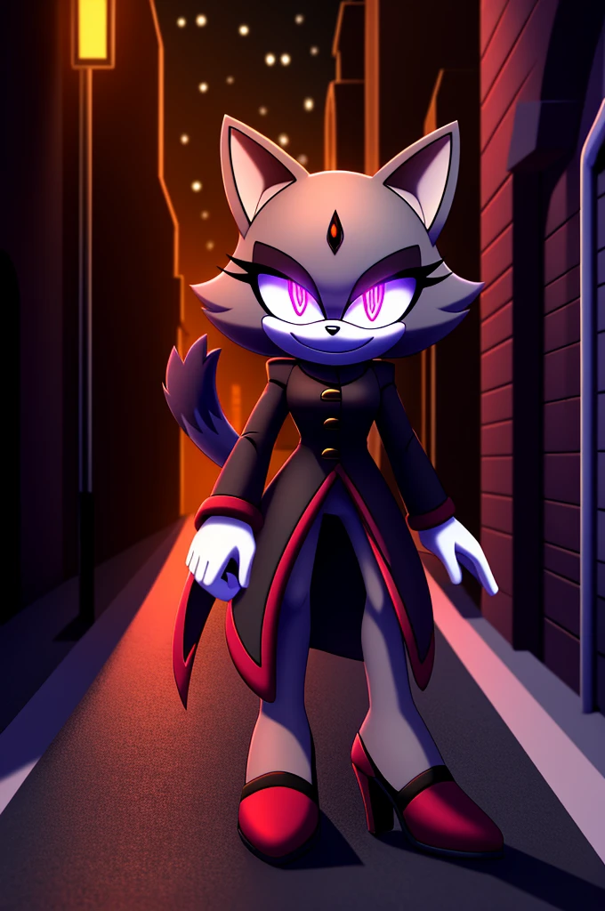 (((masterpiece))), High quality, studio quality, dark colors, 4k, solo character, mobian, tall character, wispy grey fur, female cat demon, wearing a dark grey coat with coattails, black high heels, evil smile, triumphant pose, red glowing pupils, smoky atmosphere, in the back of a dark city alleyway, nighttime, digital art