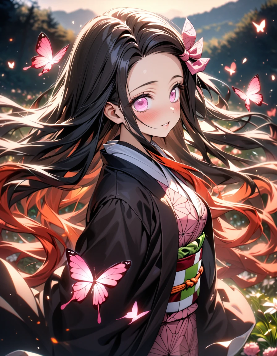 absurdres, highres, ultra detailed, HDR, master piece, best quality, Kamado Nezuko, expressive pink eyes, Kimetsu No Yaiba, solo, woman, beautiful, black clothes, field, flowers, butterflies