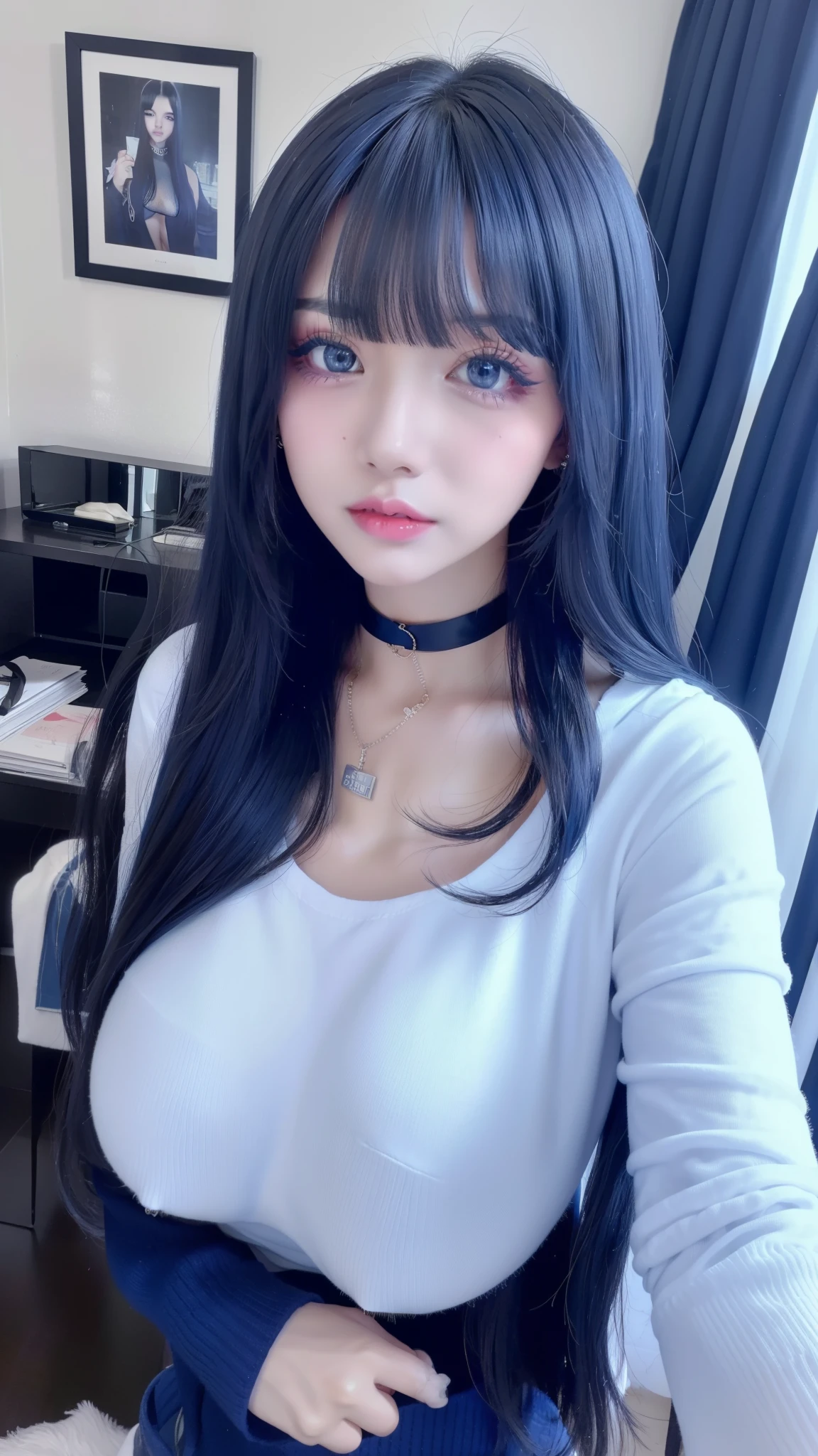 highest quality、8k、32k、masterpiece、Super vivid、Highest quality、8k full vision, Cinematic lighting:1.2)、(Blue right:1.5), One Girl、Long Hair Girl、Beautiful Japanese Women、Black-haired、Heavy bangs、Long sleeve shirt、Hair length、Fluffy white sweater、Accentuate your breasts、choker、(Super big boobs:1.5), (jirai type fashion、jirai type makeup, Jirai Type Girl), Sparkling under-eye bags、red glitter eye makeup, From feet to head、
indoor、moonlit room、Dark Room、dim、A room in an apartment with a sense of life、A messy room、Messy room、