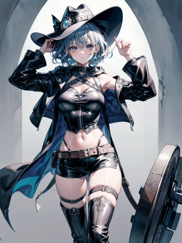 cool cowgirl, fantasy adventurer, cowboy hat, hooded armor jacket, cross belt, leather pants, leather long boots, absurdres, RAW photo, extremely delicate and beautiful, masterpiece, Best Quality, ultra high resolution, 32k, hyperrealistic, ultra-detailed, detailed description, pale skin, 20 years old, tearful mole, earring, big tits, short medium hair, wavy hair, whole body shot,