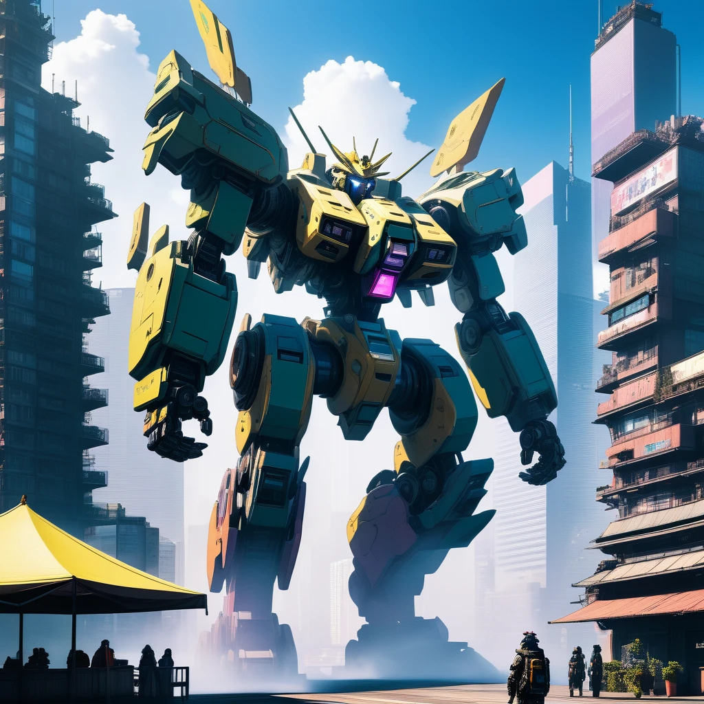 gigantic mecha looming over cyberpunk city on sunny day. Colossal scale