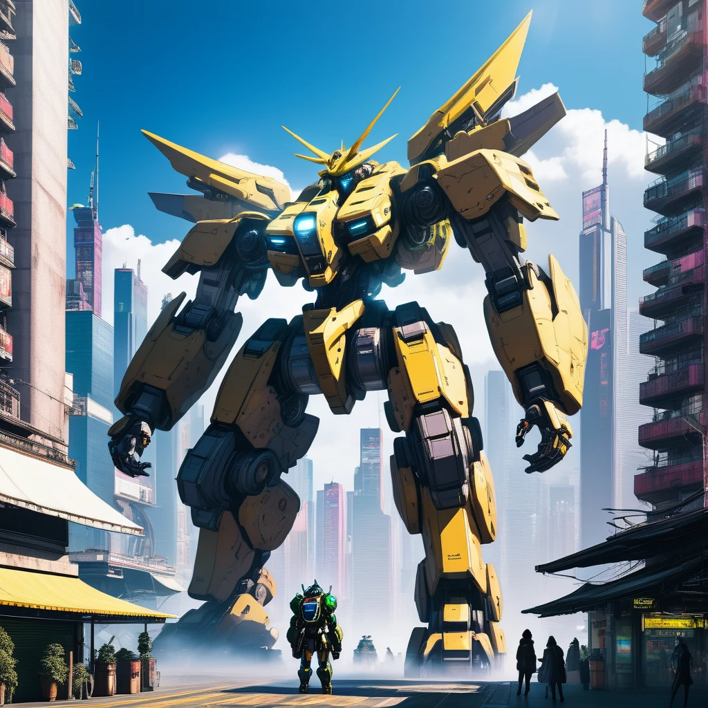 gigantic mecha looming over cyberpunk city on sunny day. Colossal scale