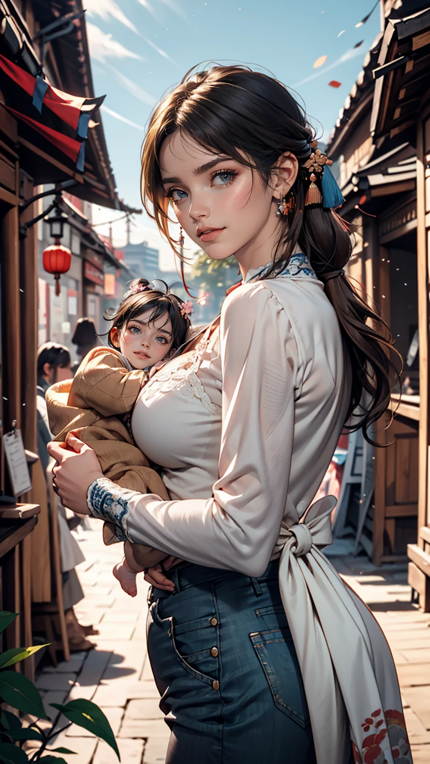{{masterpiece, highest quality, Highly detailed CG, unity 8k wallpaper, Cinema Lighting}}, Traditional Chinese Ink Painting, One girl, 1 Baby, Young woman holding baby, whole body, ancient architecture, blue sky, sunny day, wooden building, Famous protagonists, smile, Big eyes, Beautiful fine details, (Big Breasts, Cleavage), Round ass, Looking at the audience, Long eyelashes,